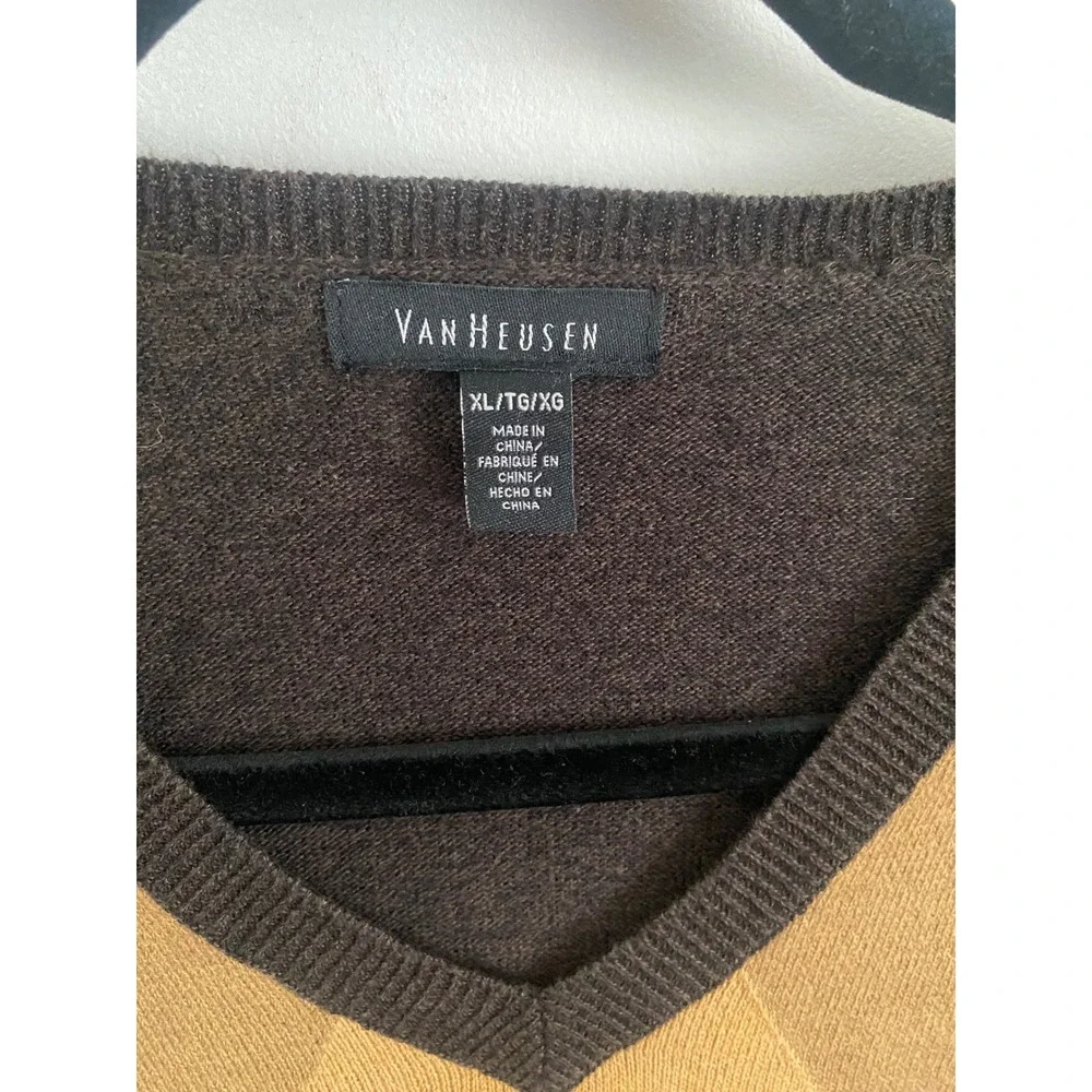 Argyle V-Neck Sweater Brown Tan Gold Knit Pullover Long Sleeve Men's‎ XL